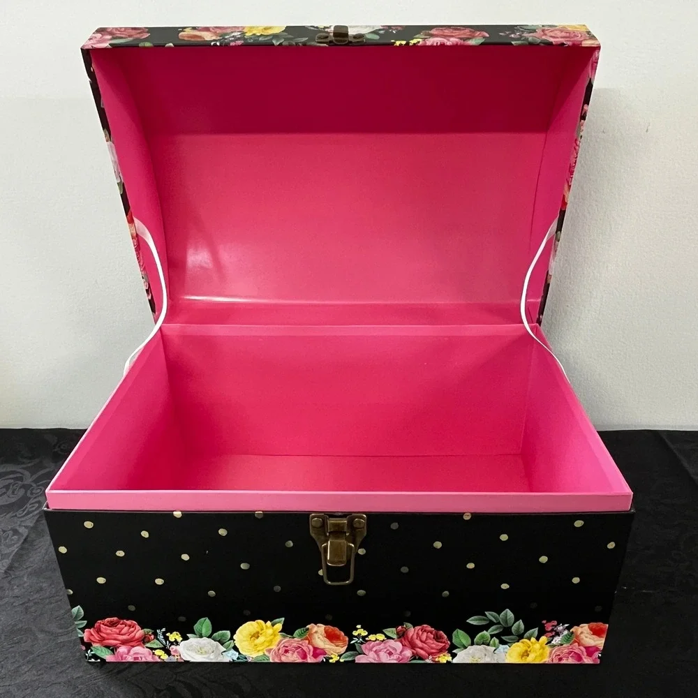 Floral Polka Dot Decorative Storage Trunk Black Pink Rose Gold Latch Chest 15.5